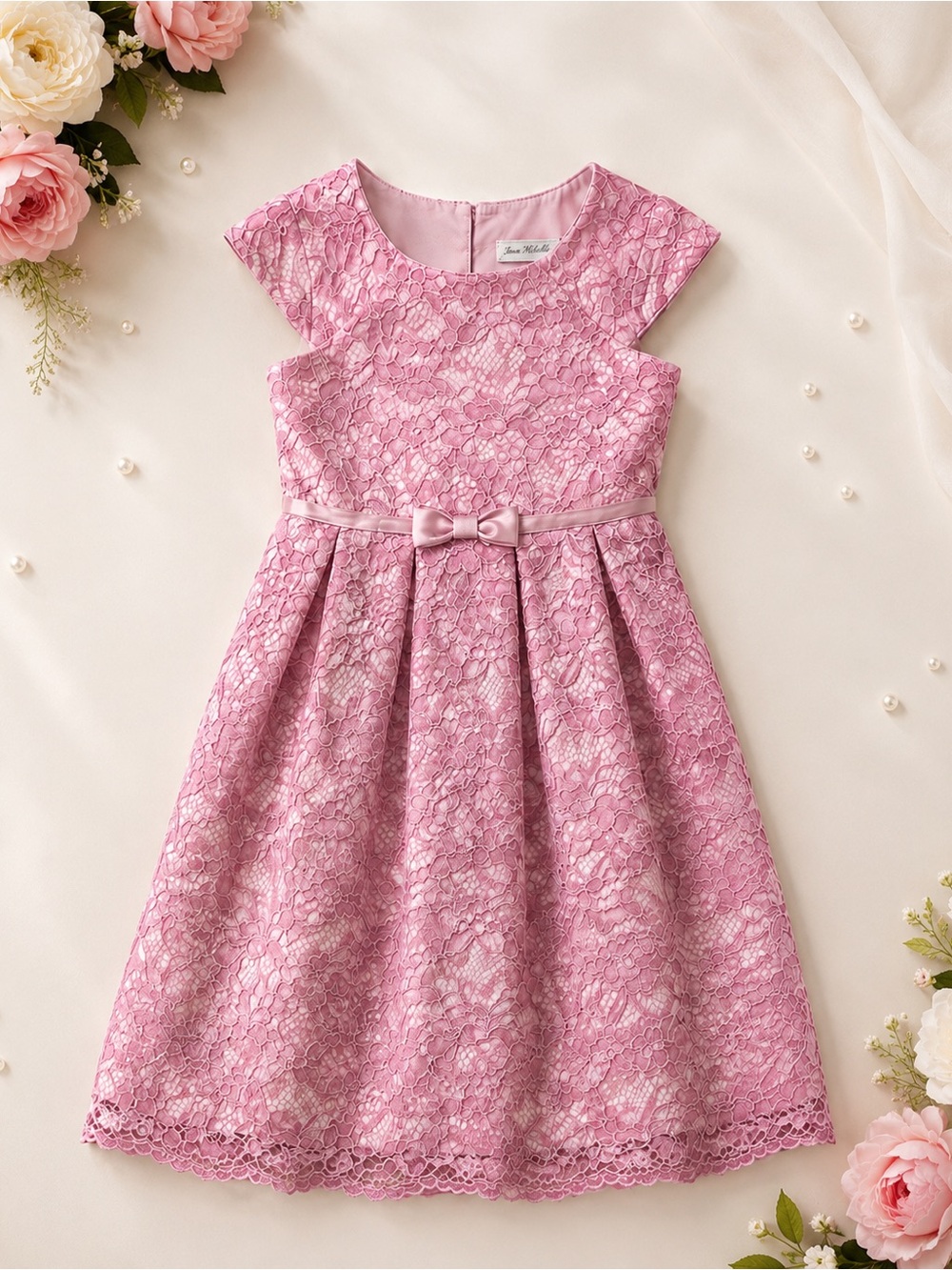 Jona Michelle Pink Lace Fit-and-Flare Dress with Bow